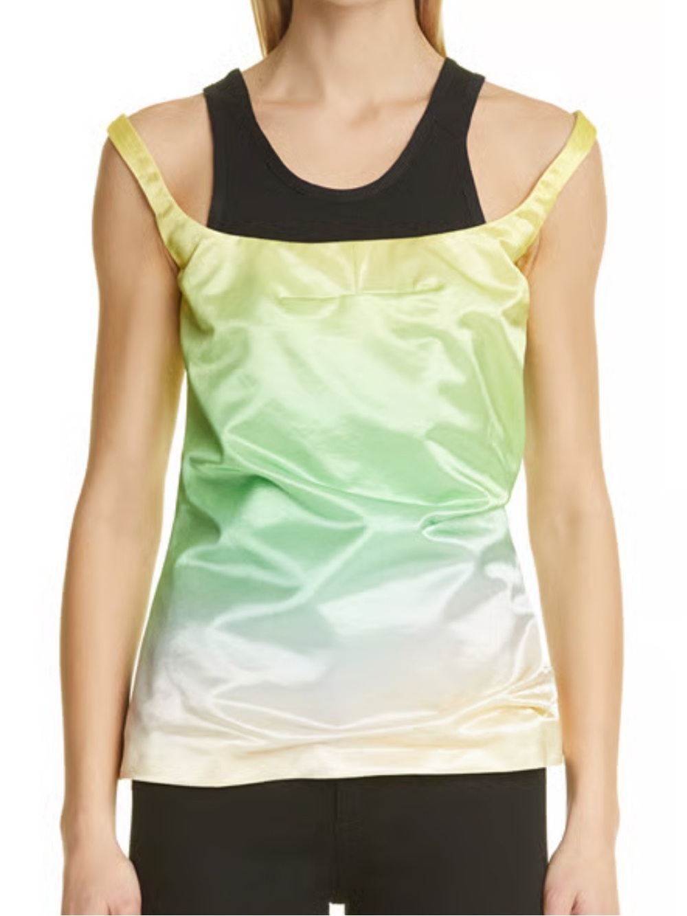 New Meryll Rogge Cloud Overlay Satin Tank Yellow Printed Top Size 38